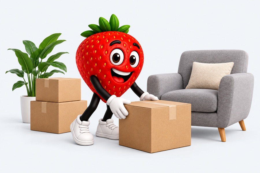 Truskawka BOXi pakuje karton obok fotela